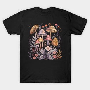 Botanical Cute Mushrooms And Flowers Garden Mycology T-Shirt